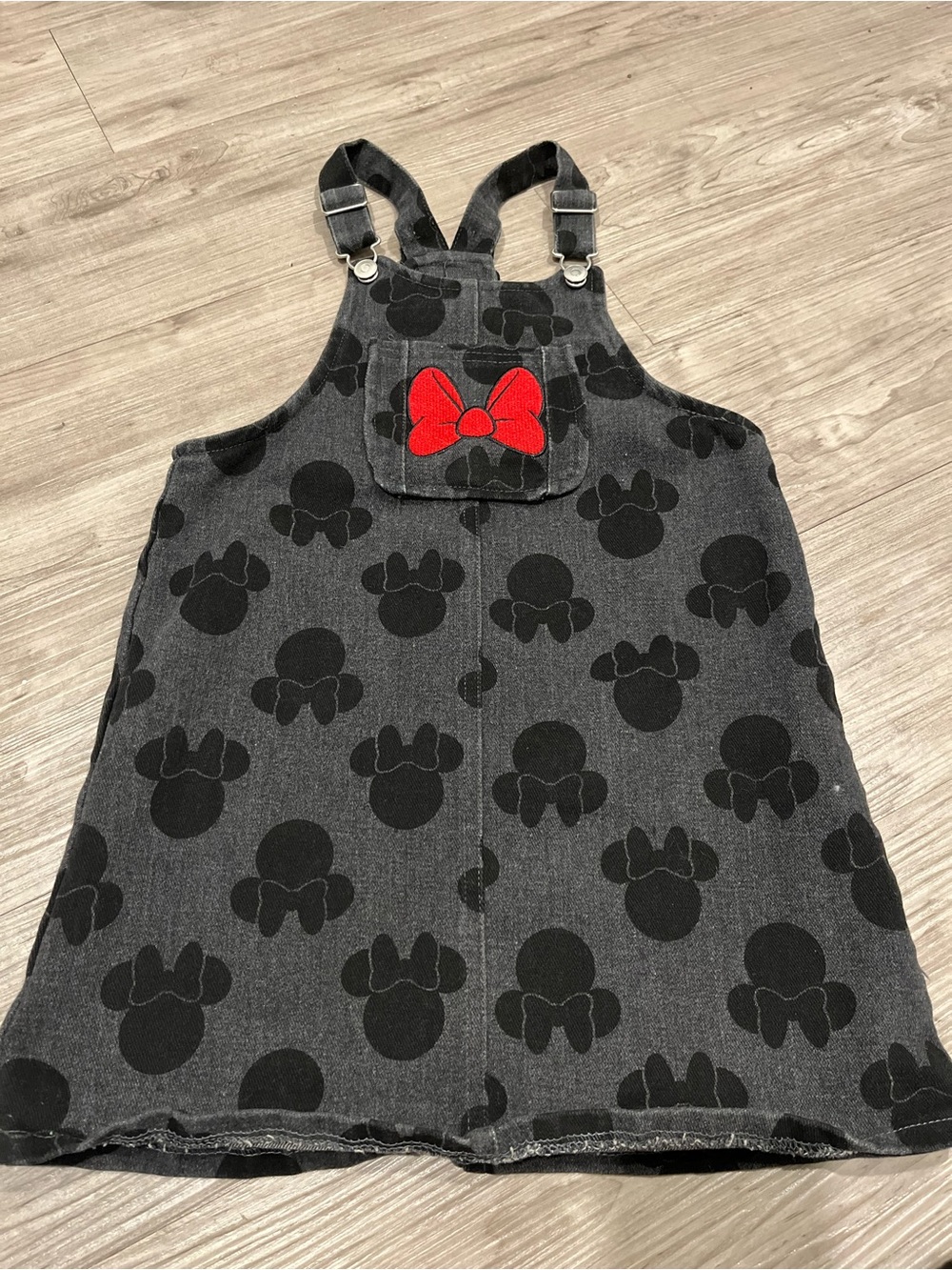 Disney Black Denim Overall Dress with Red Bow Patch